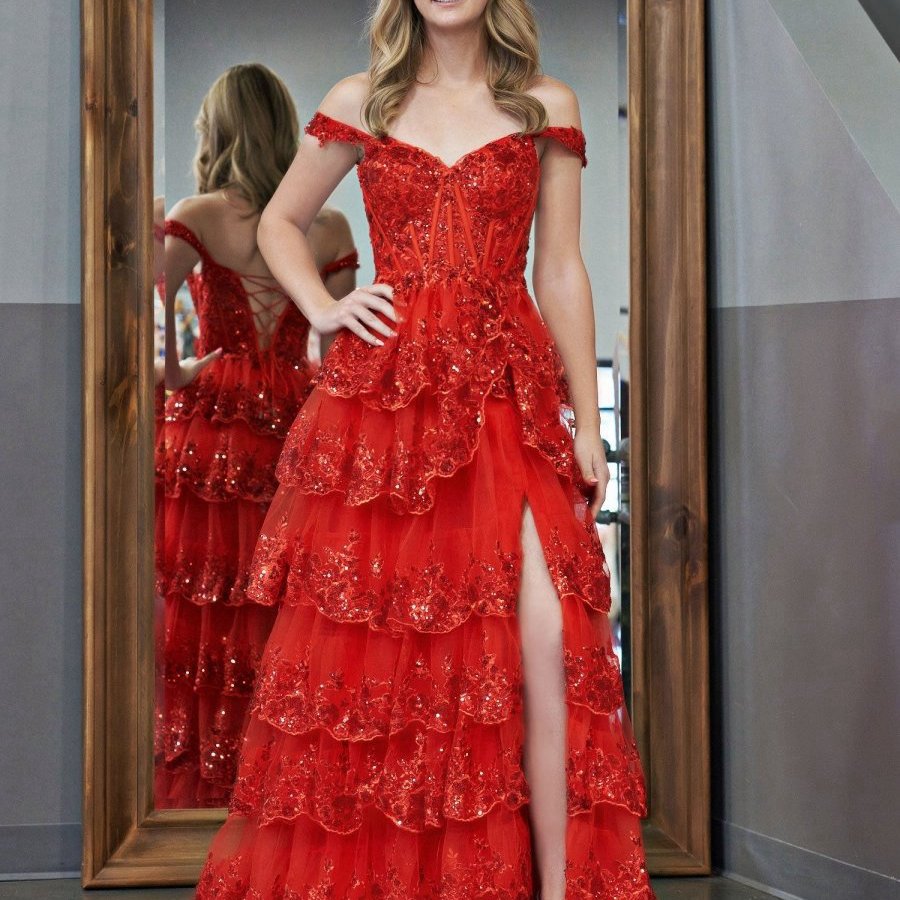 Princess A-line Off the Shoulder Corset Prom Dresses with Lace Ruffles