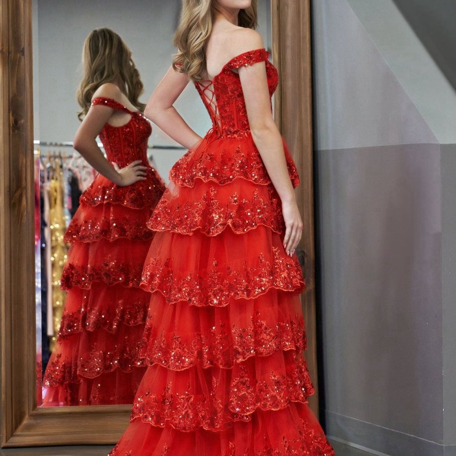 Princess A-line Off the Shoulder Corset Prom Dresses with Lace Ruffles