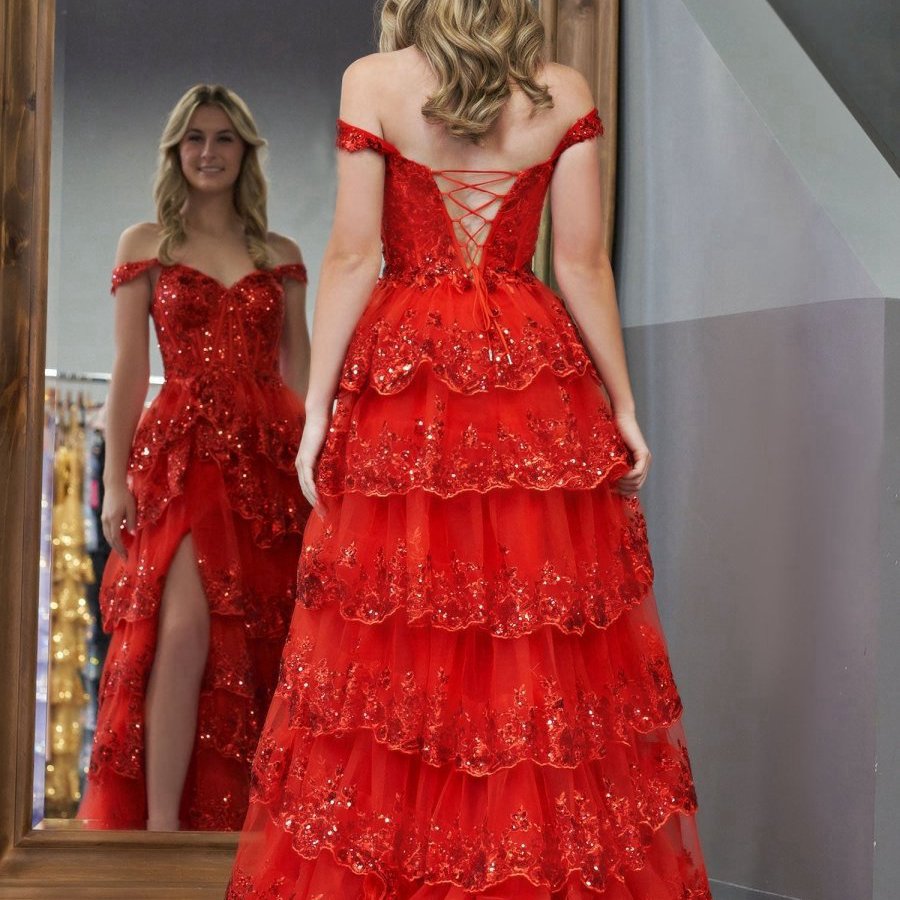 Princess A-line Off the Shoulder Corset Prom Dresses with Lace Ruffles