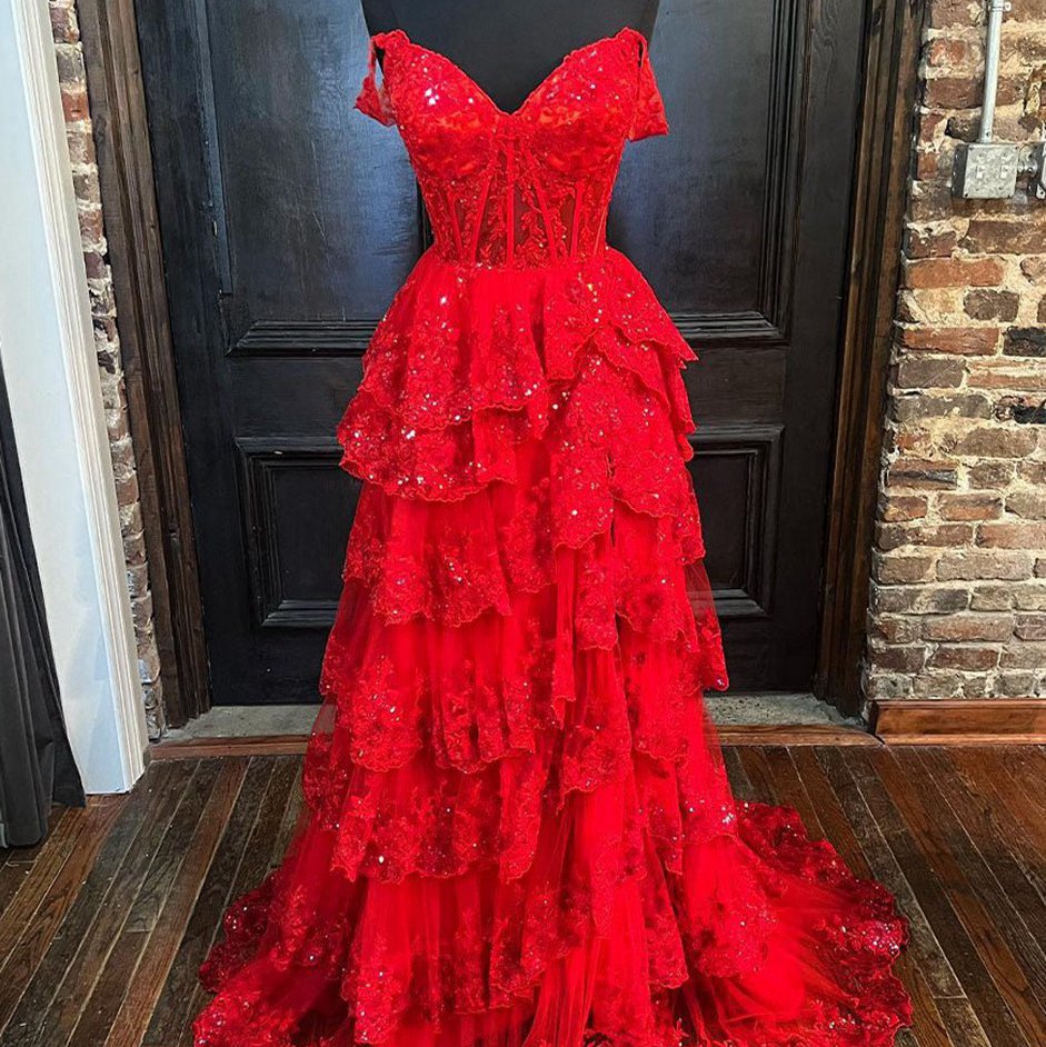 Princess A-line Off the Shoulder Corset Prom Dresses with Lace Ruffles