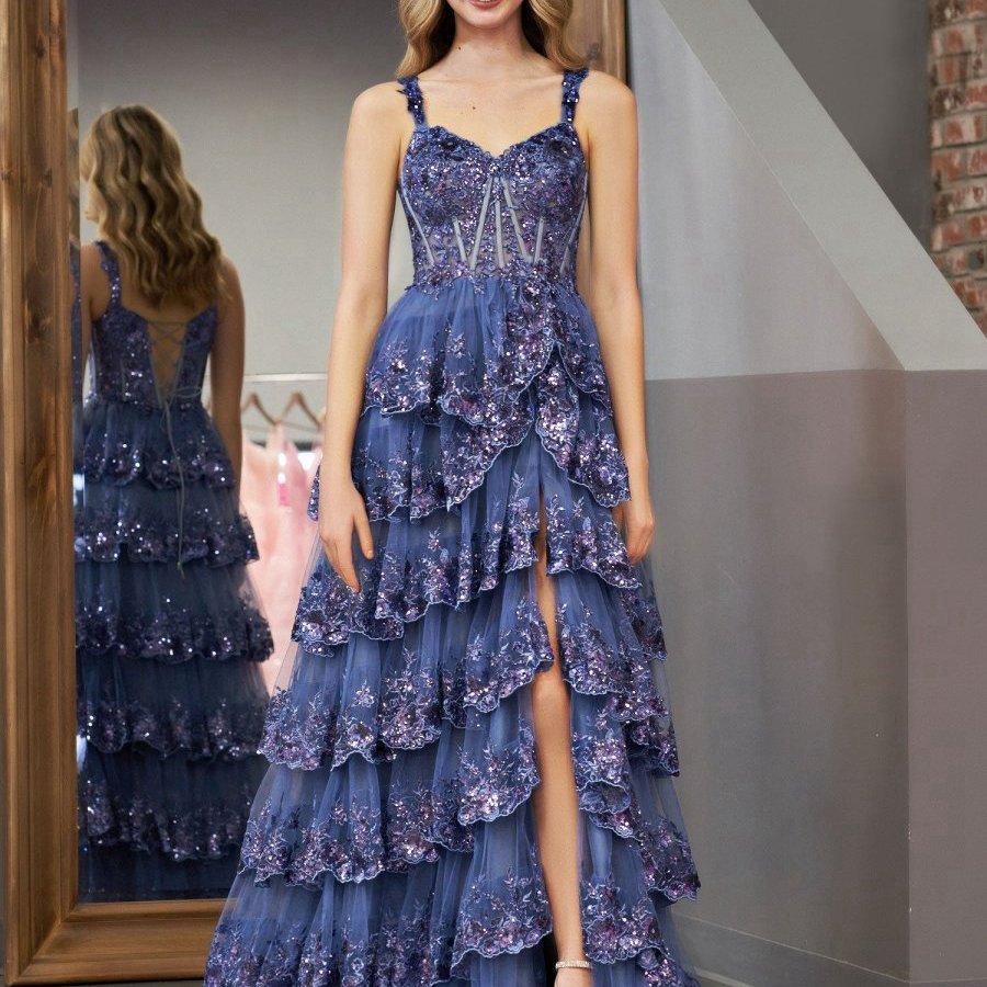 Princess A-line Off the Shoulder Corset Prom Dresses with Lace Ruffles
