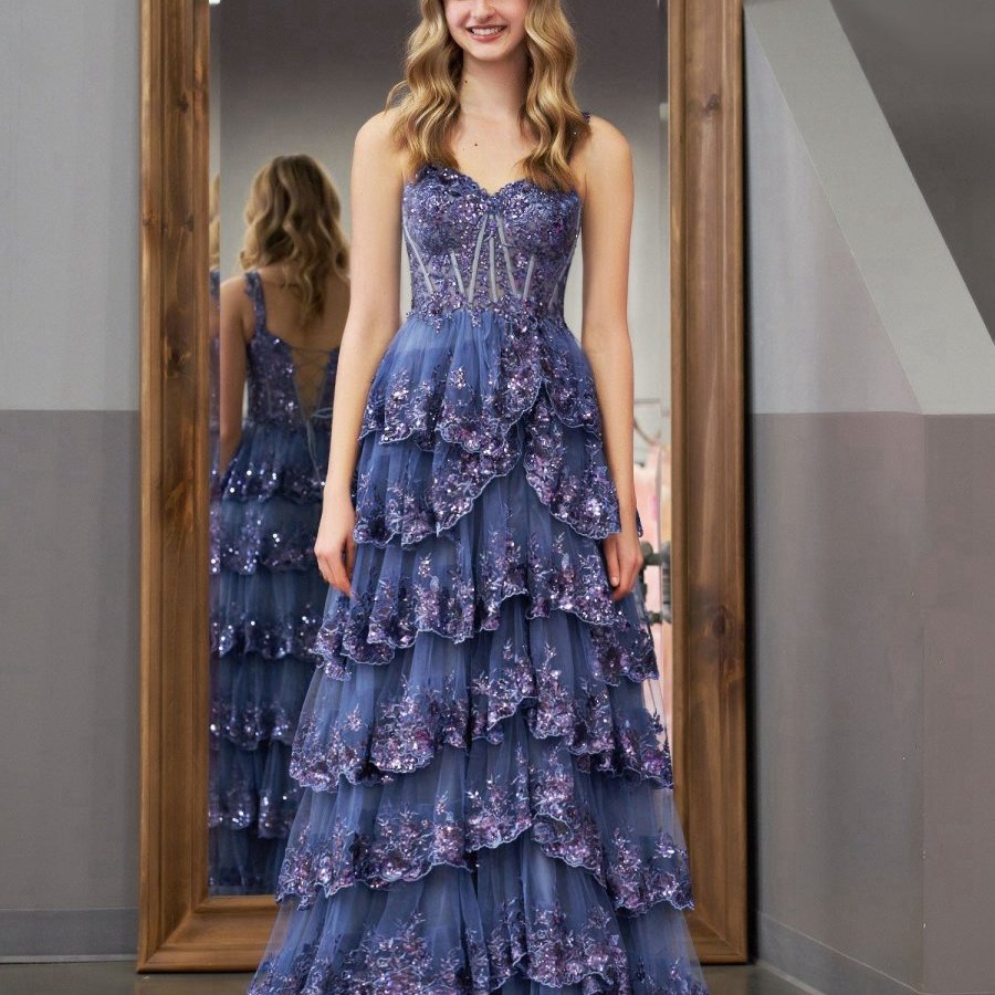 Princess A-line Off the Shoulder Corset Prom Dresses with Lace Ruffles