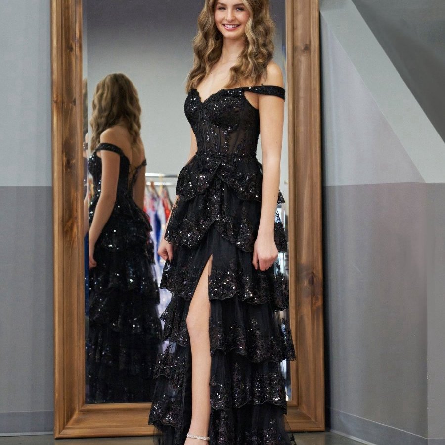 Princess A-line Off the Shoulder Corset Prom Dresses with Lace Ruffles