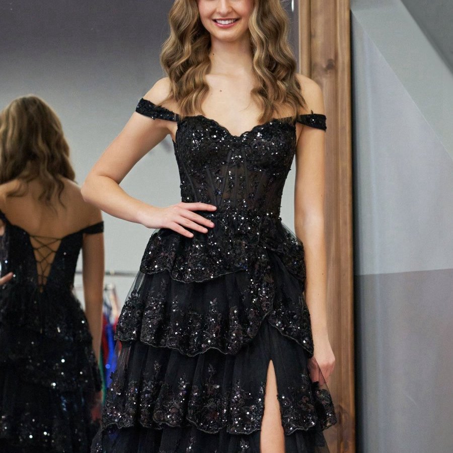 Princess A-line Off the Shoulder Corset Prom Dresses with Lace Ruffles
