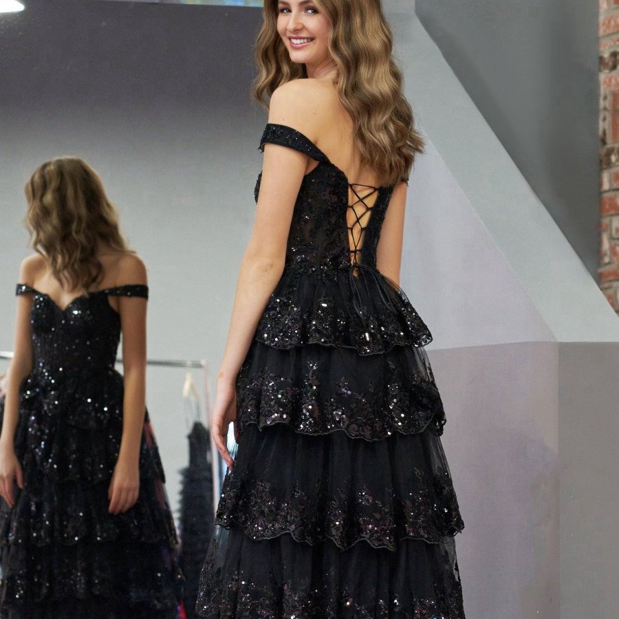 Princess A-line Off the Shoulder Corset Prom Dresses with Lace Ruffles