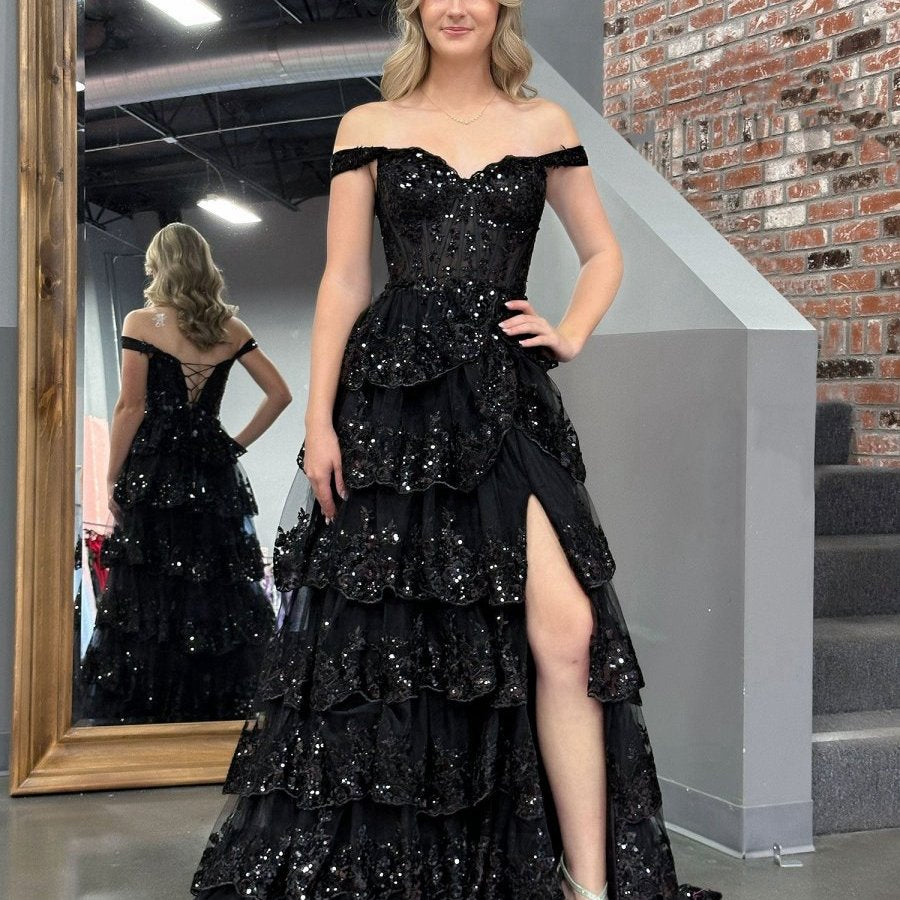 Princess A-line Off the Shoulder Corset Prom Dresses with Lace Ruffles