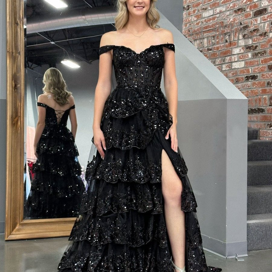 Princess A-line Off the Shoulder Corset Prom Dresses with Lace Ruffles
