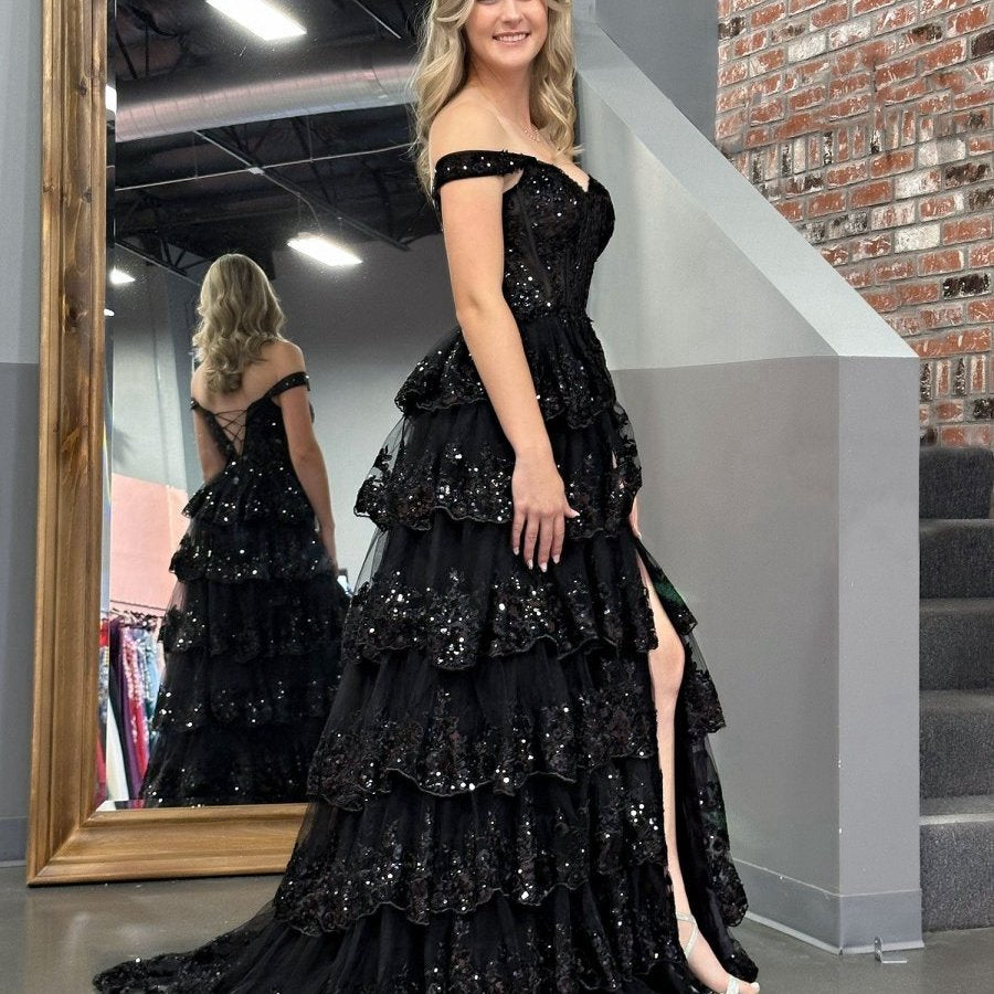 Princess A-line Off the Shoulder Corset Prom Dresses with Lace Ruffles
