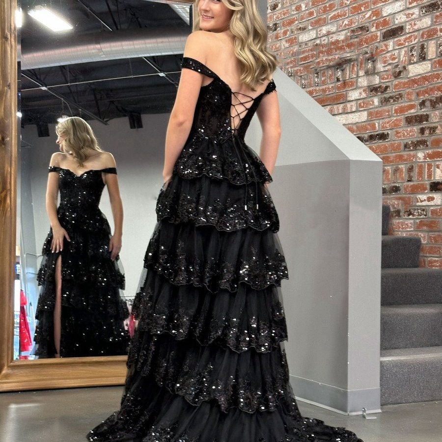 Princess A-line Off the Shoulder Corset Prom Dresses with Lace Ruffles