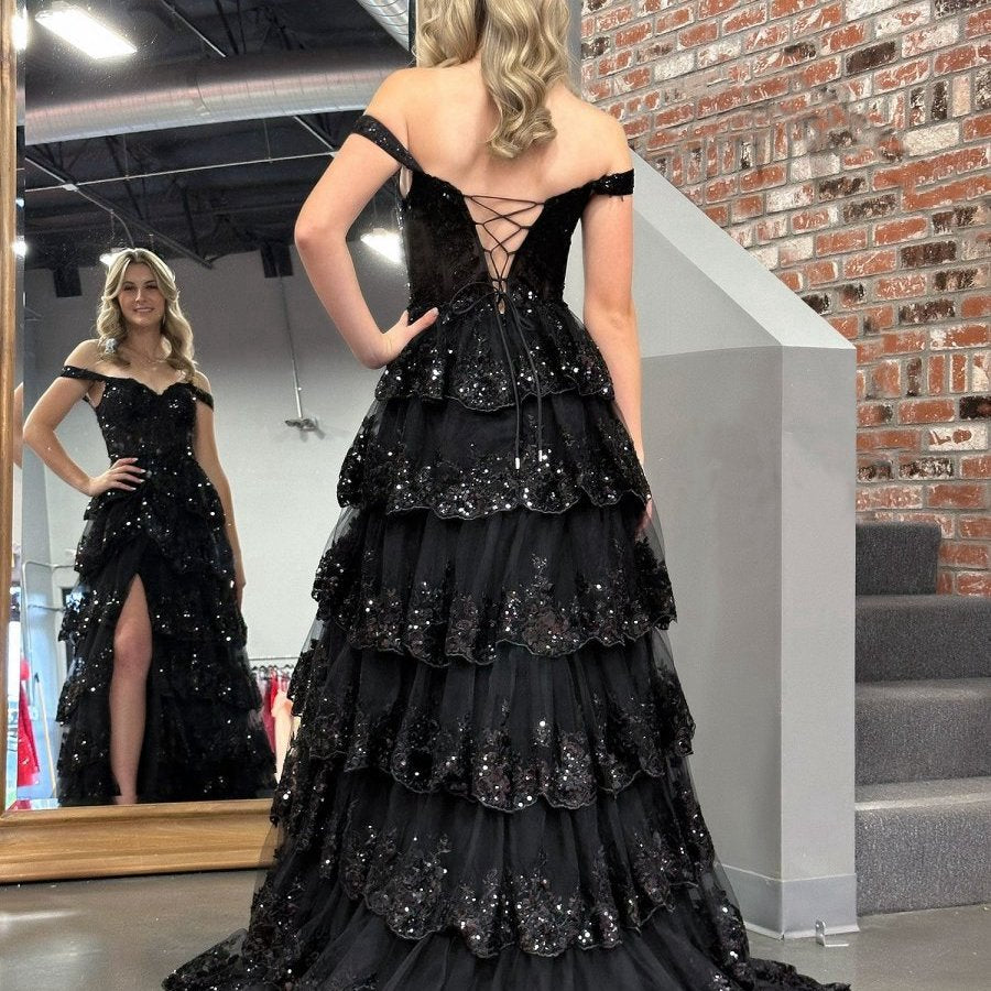 Princess A-line Off the Shoulder Corset Prom Dresses with Lace Ruffles