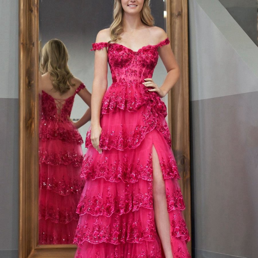 Princess A-line Off the Shoulder Corset Prom Dresses with Lace Ruffles