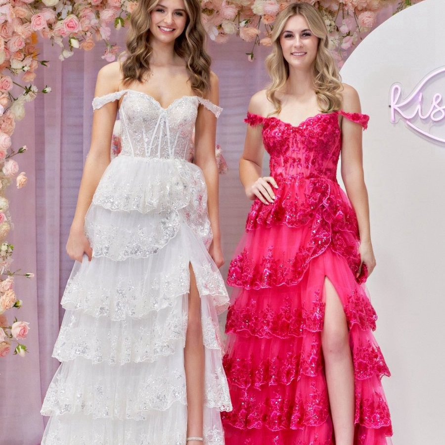 Princess A-line Off the Shoulder Corset Prom Dresses with Lace Ruffles
