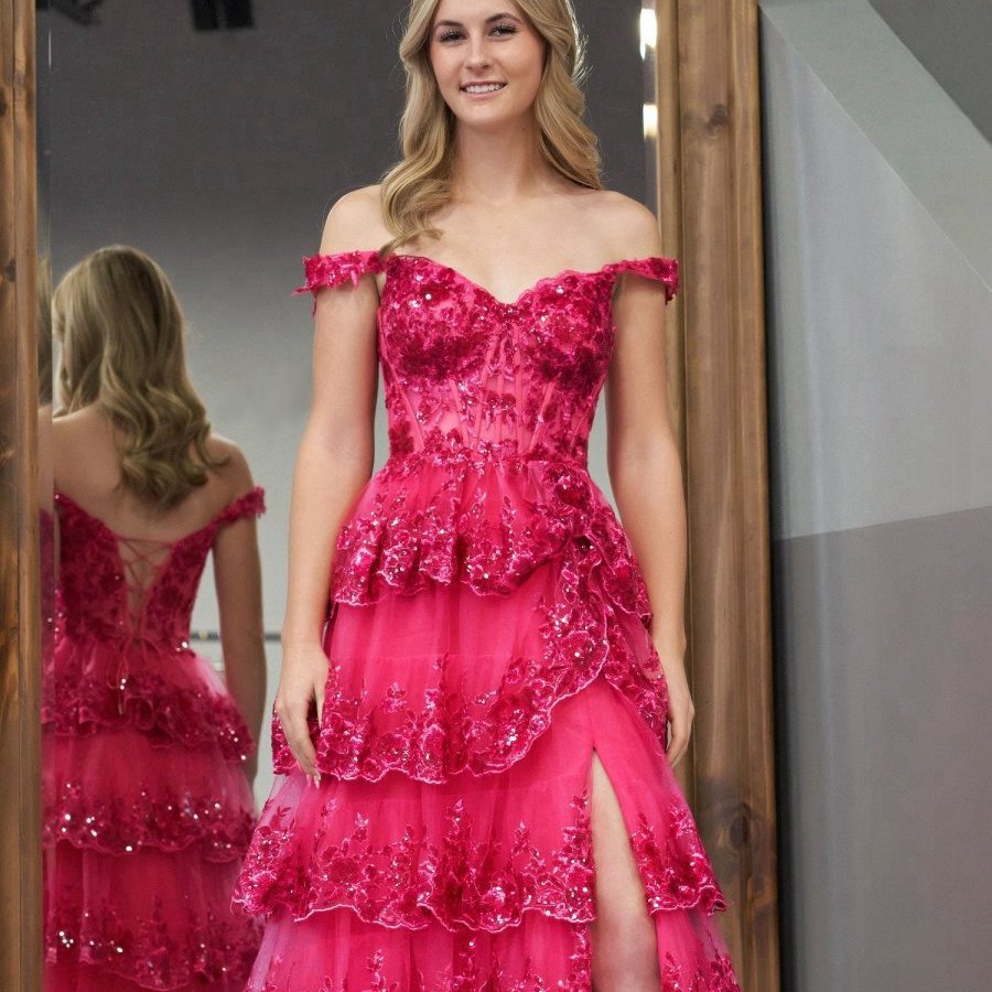 Princess A-line Off the Shoulder Corset Prom Dresses with Lace Ruffles