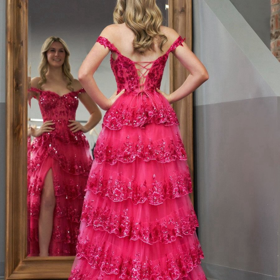Princess A-line Off the Shoulder Corset Prom Dresses with Lace Ruffles