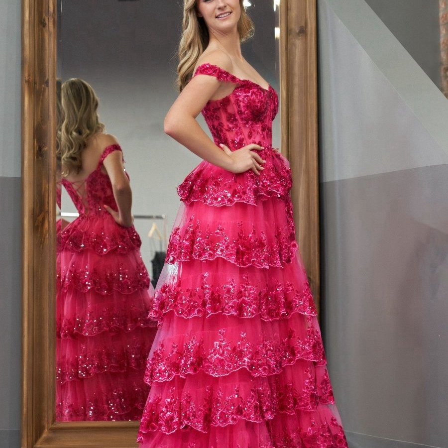 Princess A-line Off the Shoulder Corset Prom Dresses with Lace Ruffles