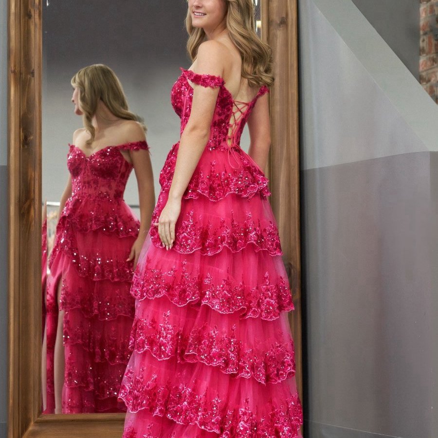 Princess A-line Off the Shoulder Corset Prom Dresses with Lace Ruffles