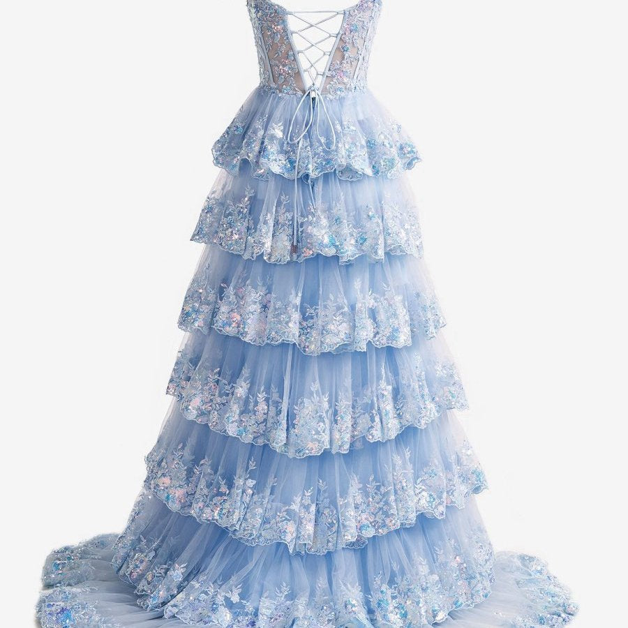 Crystal Sequins Princess A-line Off the Shoulder Prom Dresses with Lace Ruffles