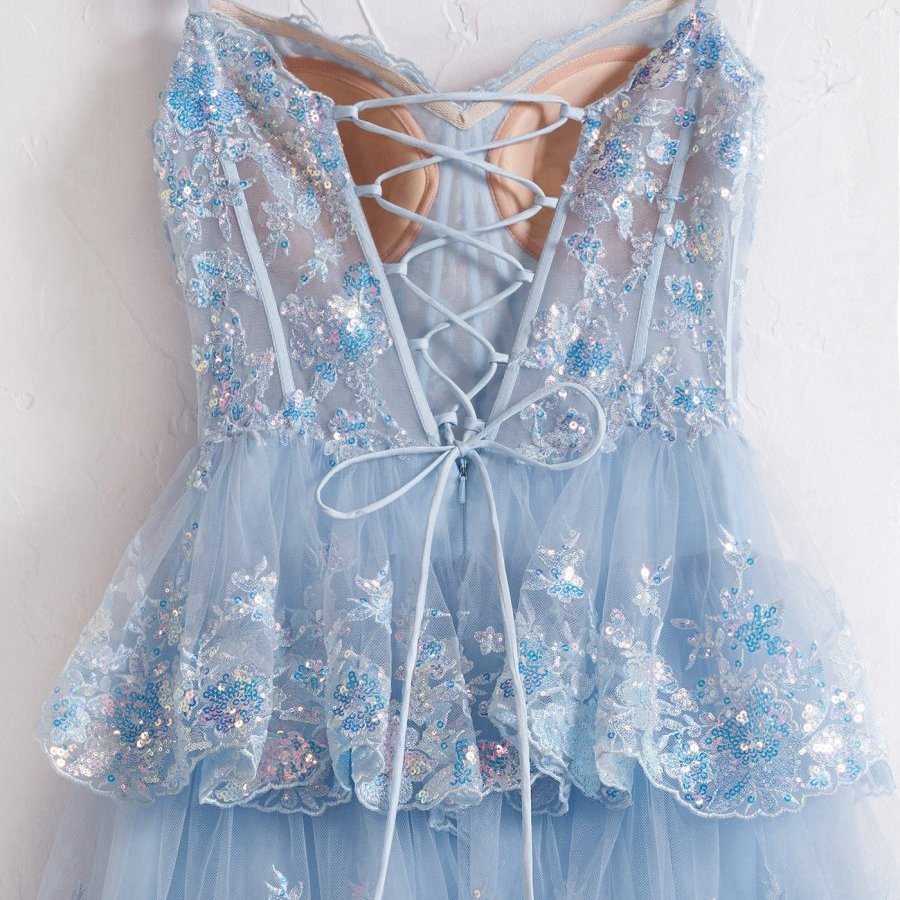 Crystal Sequins Princess A-line Off the Shoulder Prom Dresses with Lace Ruffles