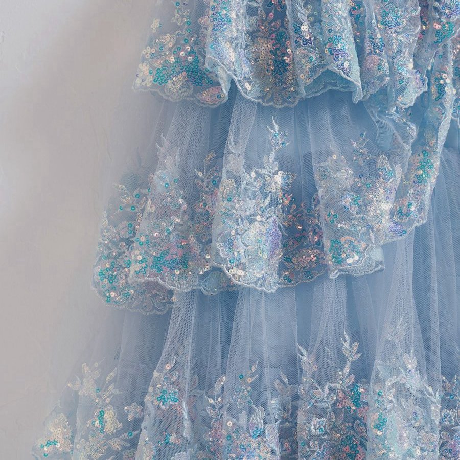 Crystal Sequins Princess A-line Off the Shoulder Prom Dresses with Lace Ruffles