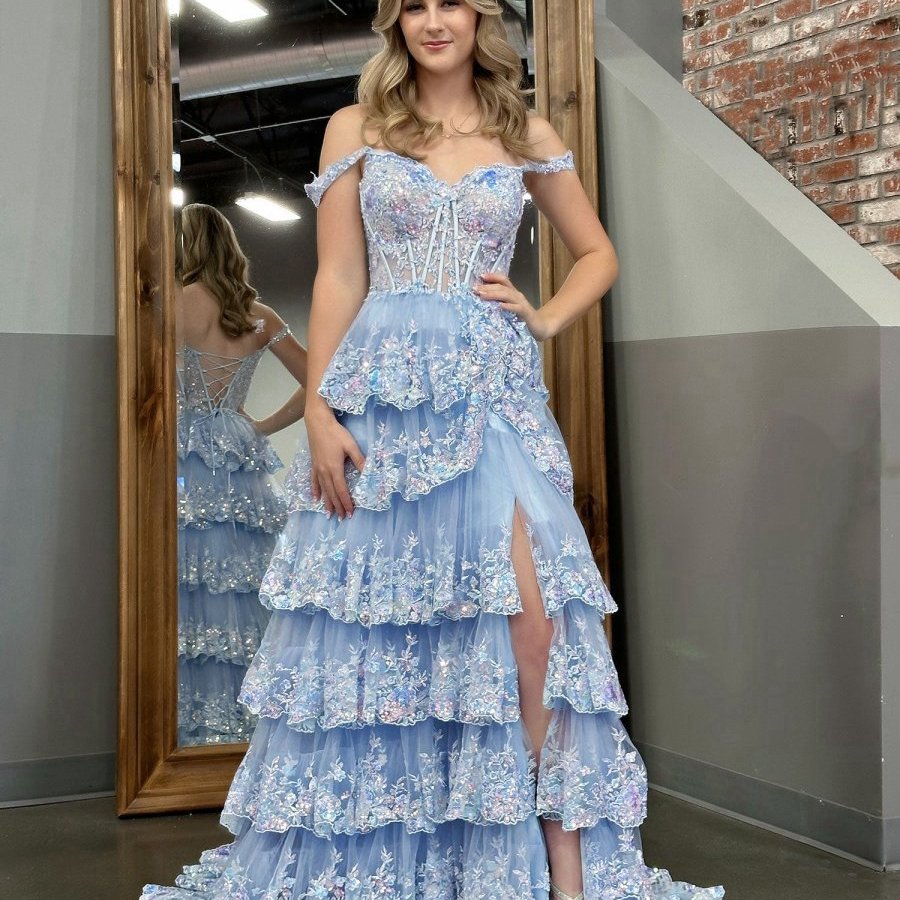 Crystal Sequins Princess A-line Off the Shoulder Prom Dresses with Lace Ruffles