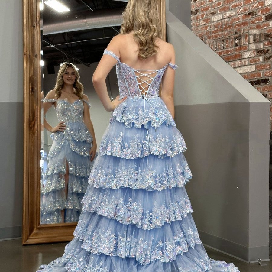 Crystal Sequins Princess A-line Off the Shoulder Prom Dresses with Lace Ruffles