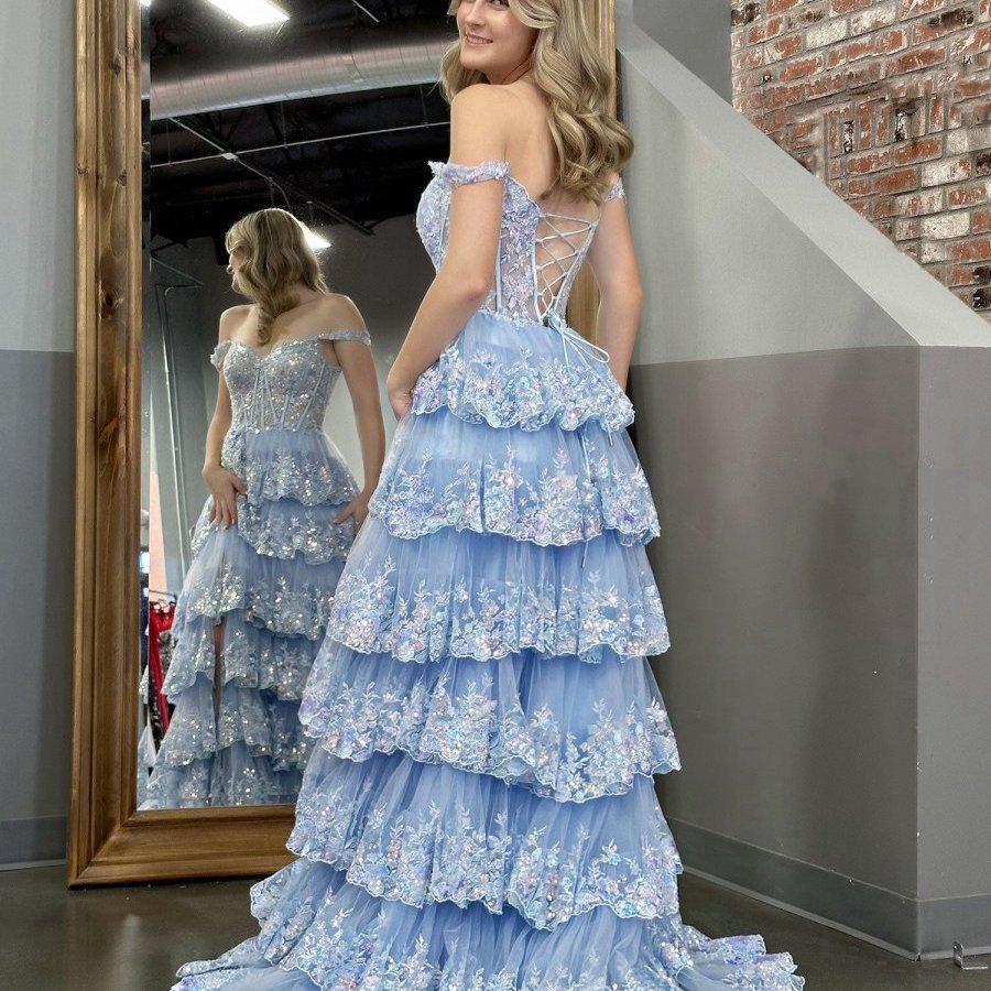 Crystal Sequins Princess A-line Off the Shoulder Prom Dresses with Lace Ruffles