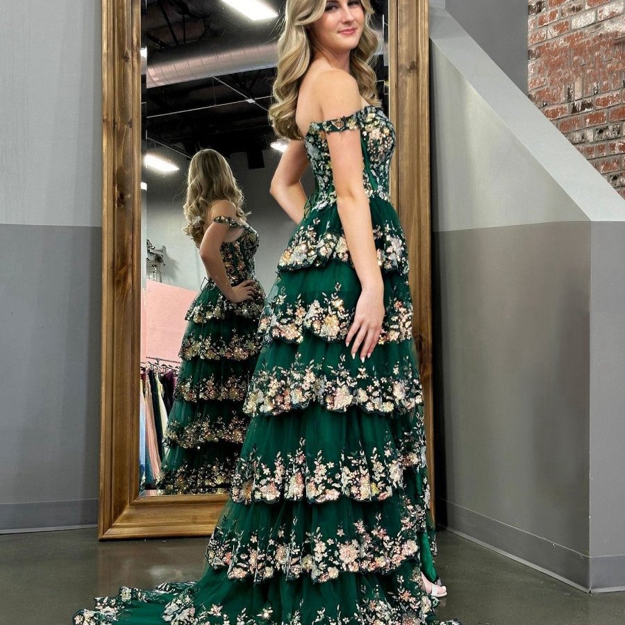 Crystal Sequins Princess A-line Off the Shoulder Prom Dresses with Lace Ruffles
