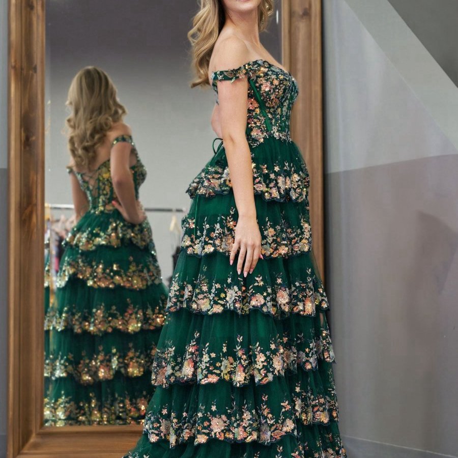Crystal Sequins Princess A-line Off the Shoulder Prom Dresses with Lace Ruffles