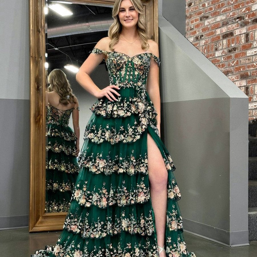 Crystal Sequins Princess A-line Off the Shoulder Prom Dresses with Lace Ruffles