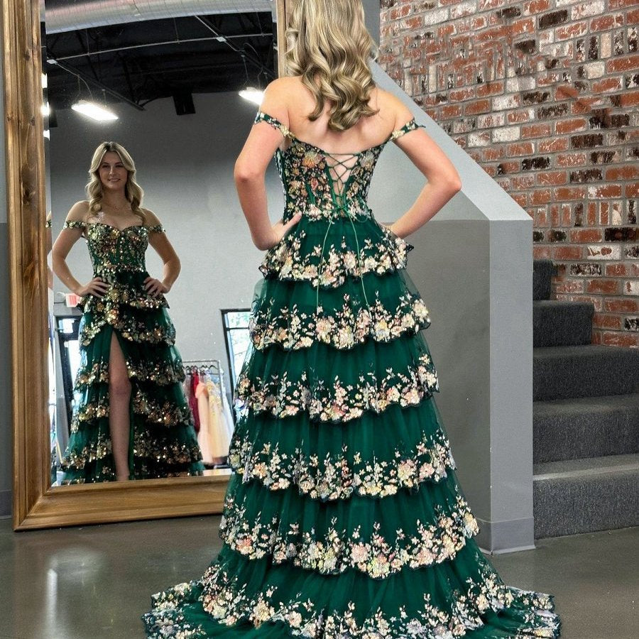 Crystal Sequins Princess A-line Off the Shoulder Prom Dresses with Lace Ruffles