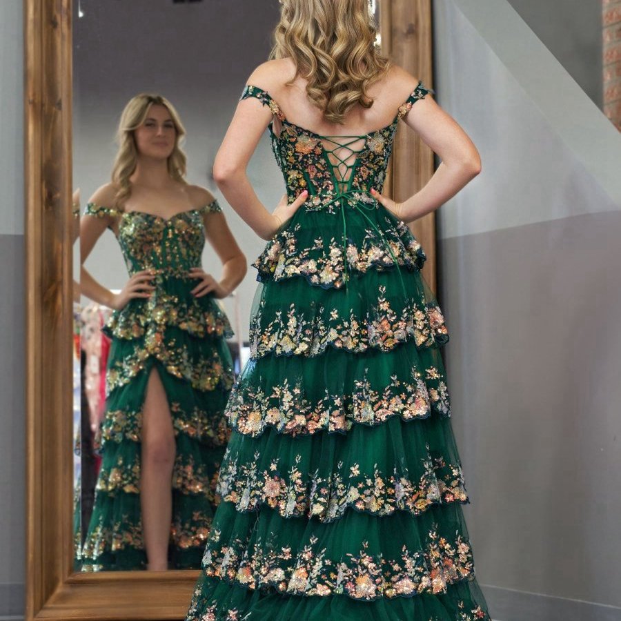 Crystal Sequins Princess A-line Off the Shoulder Prom Dresses with Lace Ruffles