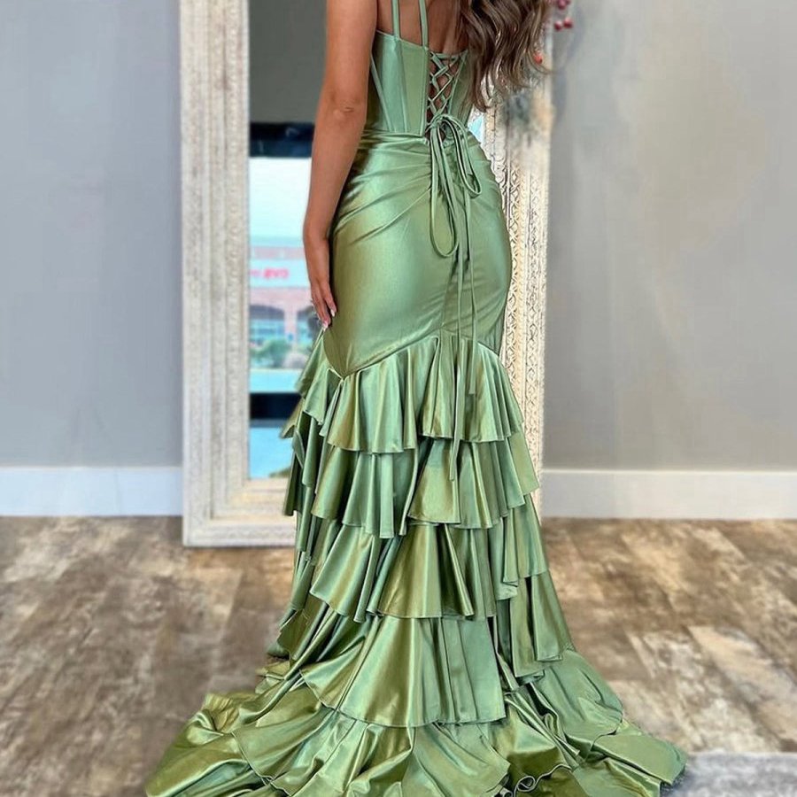 Mermaid Sage V Neck Satin Long Prom Dresses with Ruffle Skirt