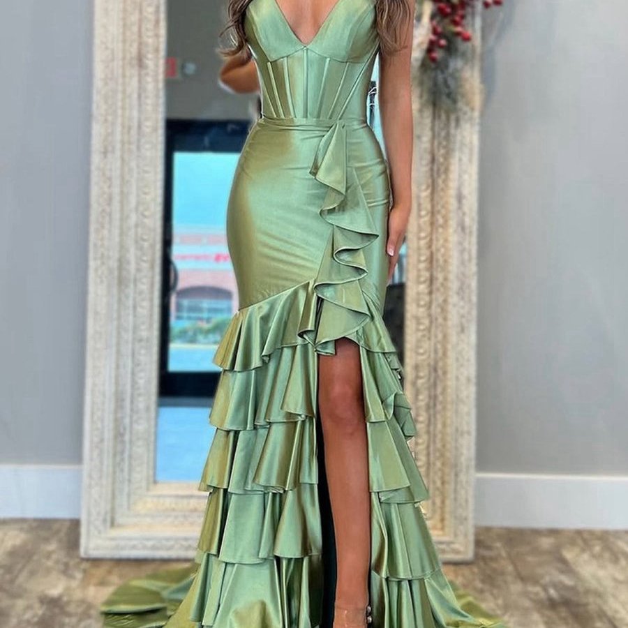 Mermaid Sage V Neck Satin Long Prom Dresses with Ruffle Skirt