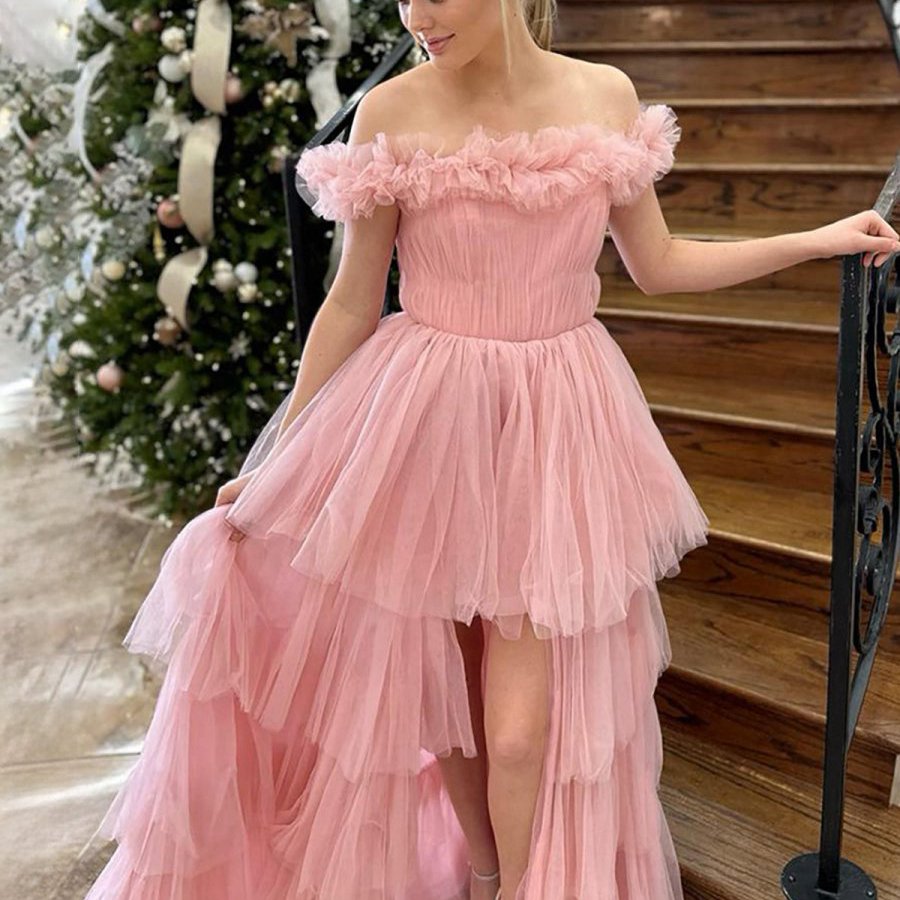 Off the Shoulder Tulle A-line Prom Dresses with Split