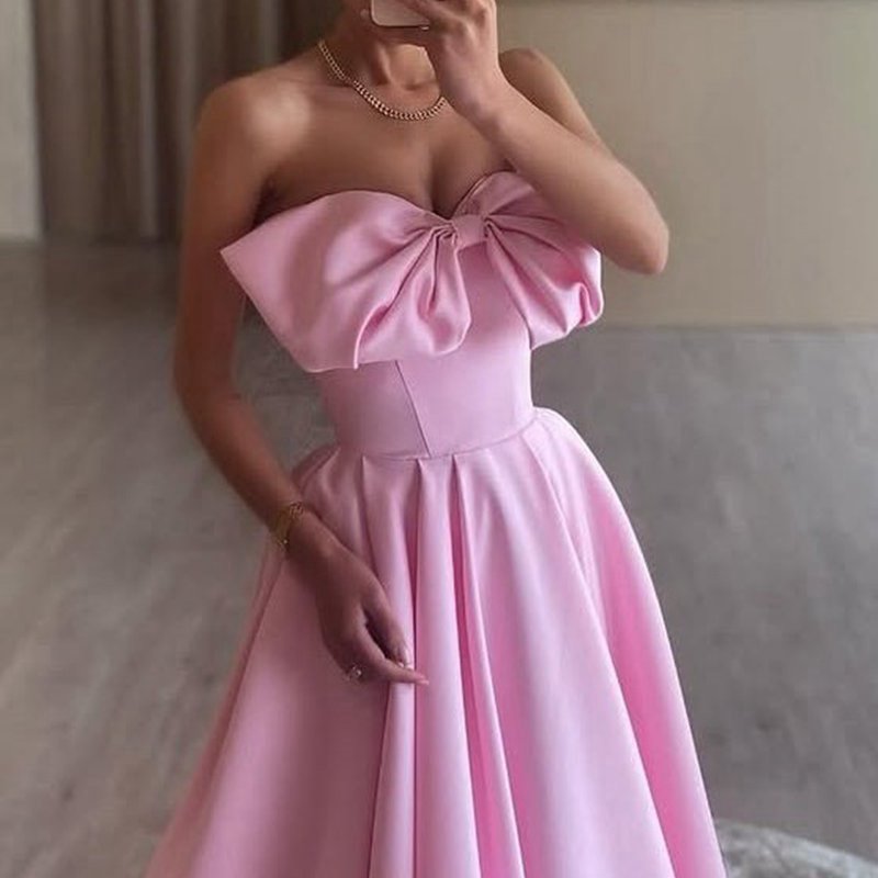 A-line Strapless Bow Satin Pleated Long Formal Prom Dresses