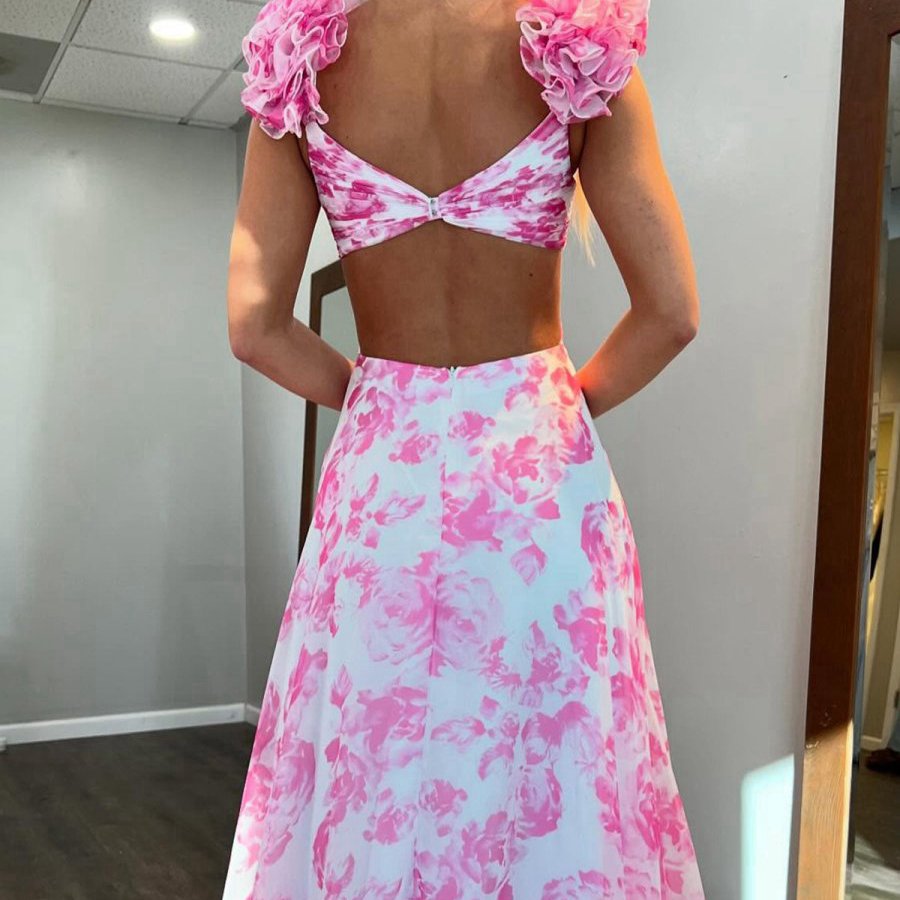 V Neck A-line Floral Printed Chiffon Slit Prom Dresses