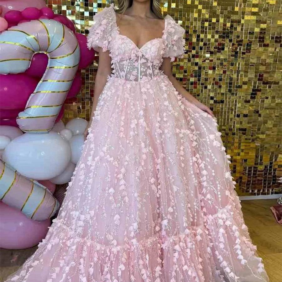 Princess Sweetheart Puffy Sleeeves Prom Dresses with 3D Flower