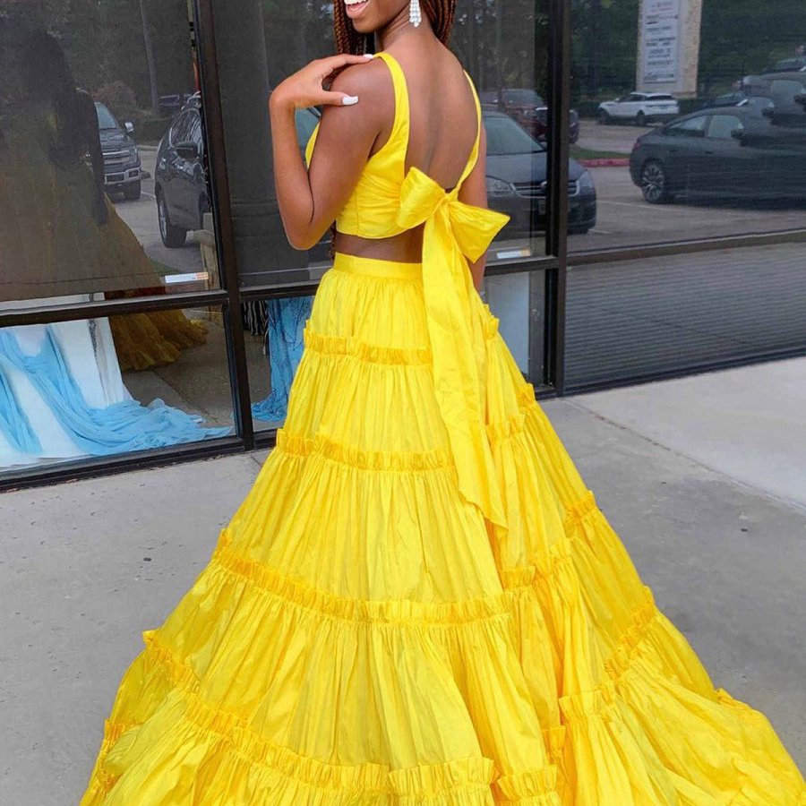 A-line V-Neck Ruffle Taffeta Two Piece Prom Dresses