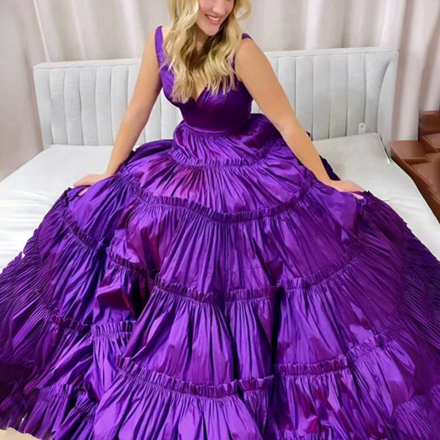 A-line V-Neck Ruffle Taffeta Two Piece Prom Dresses