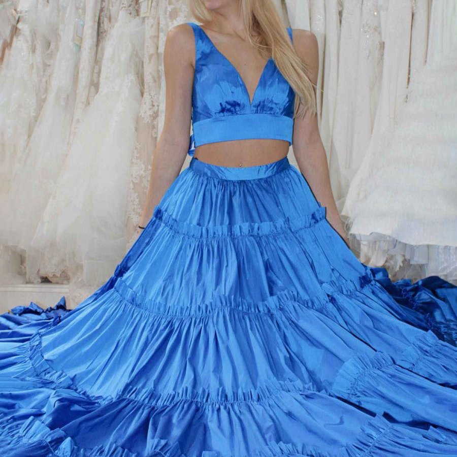 A-line V-Neck Ruffle Taffeta Two Piece Prom Dresses
