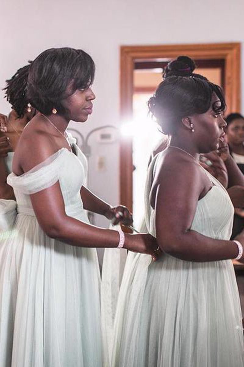 Off the Shoulder A-line Light Chiffon Long Bridesmaid Dresses
