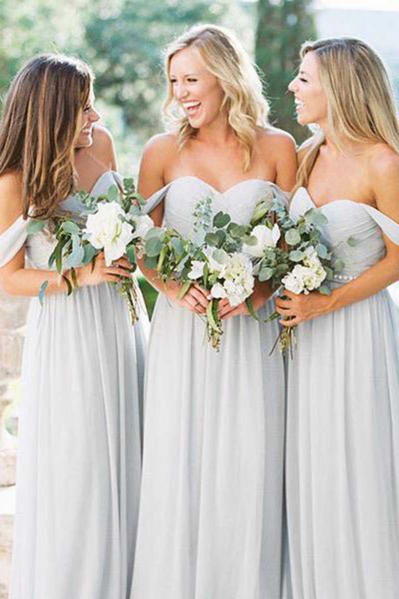 Off the Shoulder A-line Light Chiffon Long Bridesmaid Dresses