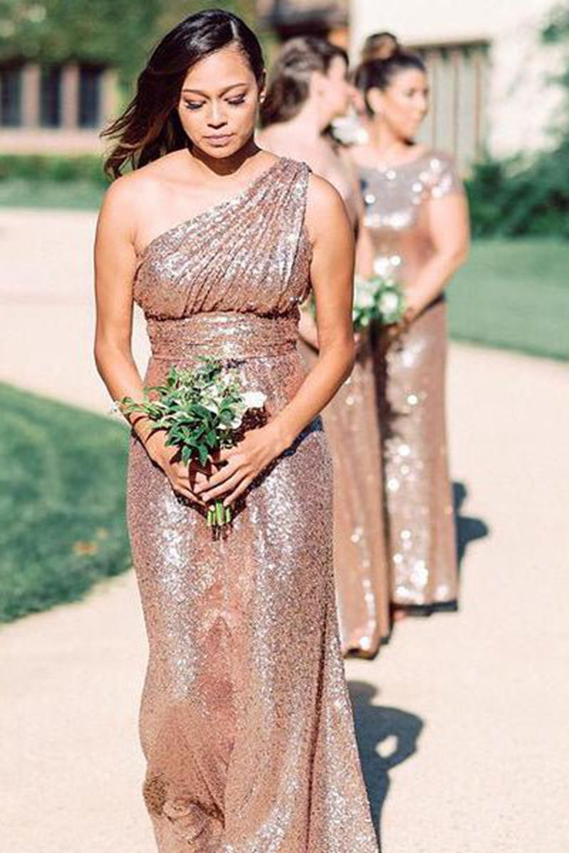 One Shoulder Rose Gold Sequins Sheath Long Bridesmaid Dresses