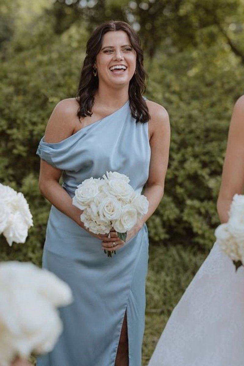 Mermaid Satin One Shoulder Bridesmaid Dresses with Slit