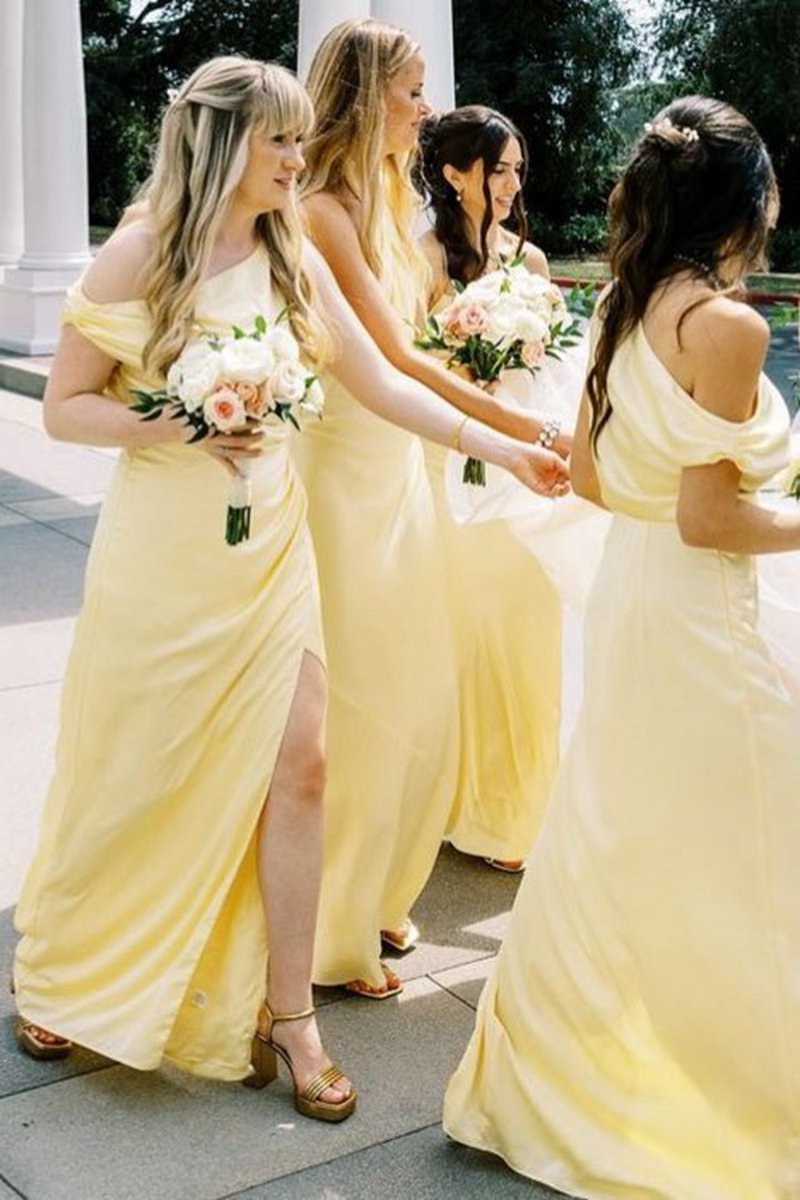 Mermaid Satin One Shoulder Bridesmaid Dresses with Slit