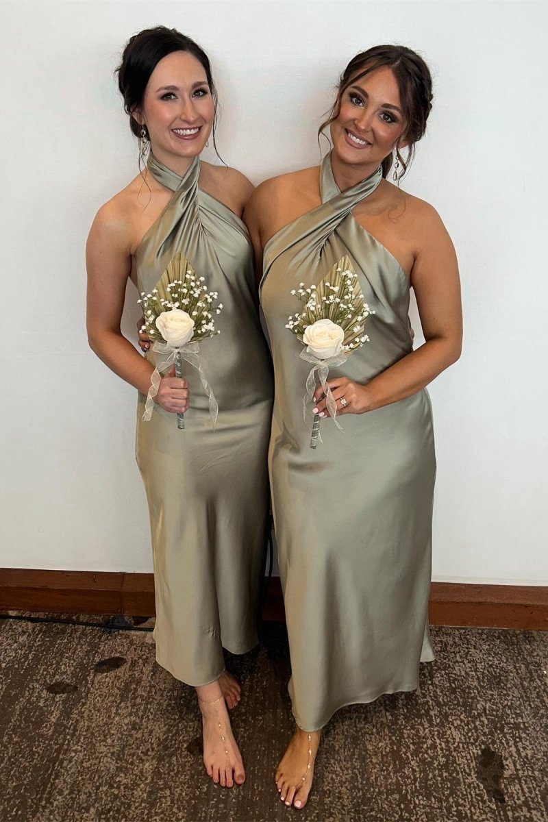 Sage Halter Sheath Ankle Length Bridesmaid Dresses