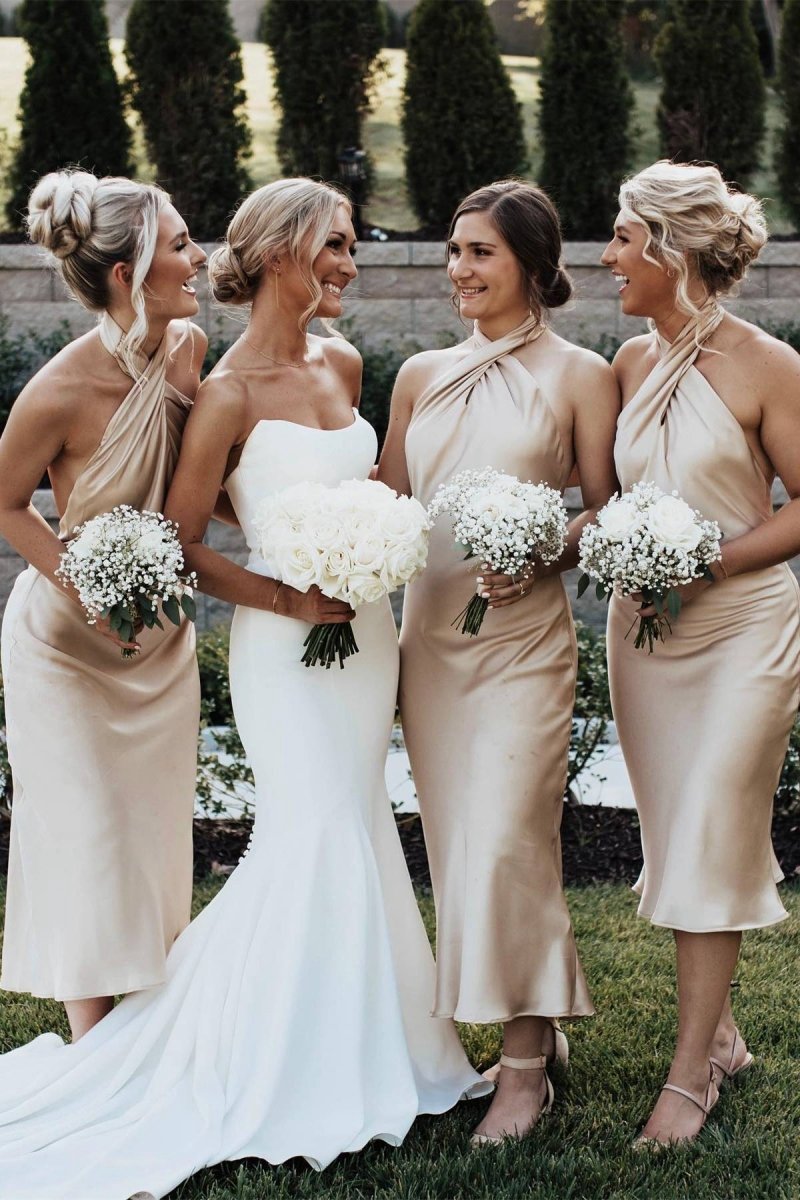 Sage Halter Sheath Ankle Length Bridesmaid Dresses