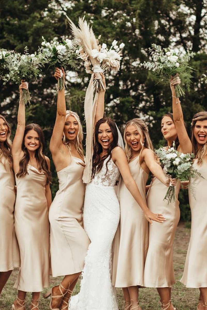 Spaghetti Straps Cowl Neck Tea-Length Sheath Bridesmaid Dresses