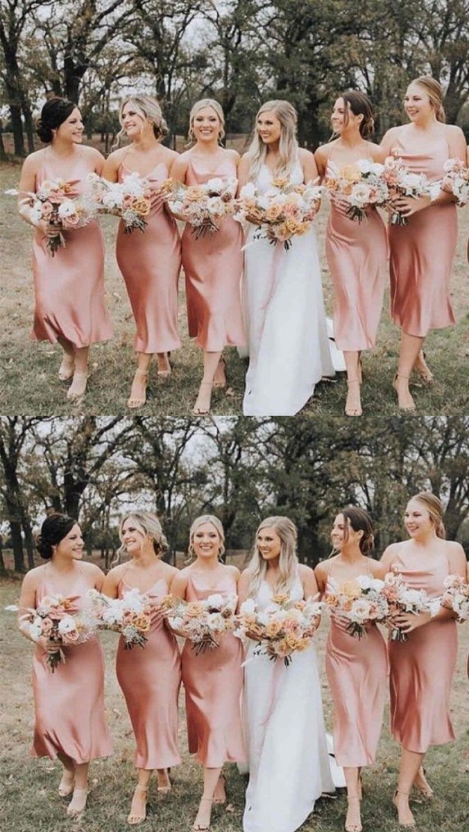 Spaghetti Straps Cowl Neck Tea-Length Sheath Bridesmaid Dresses