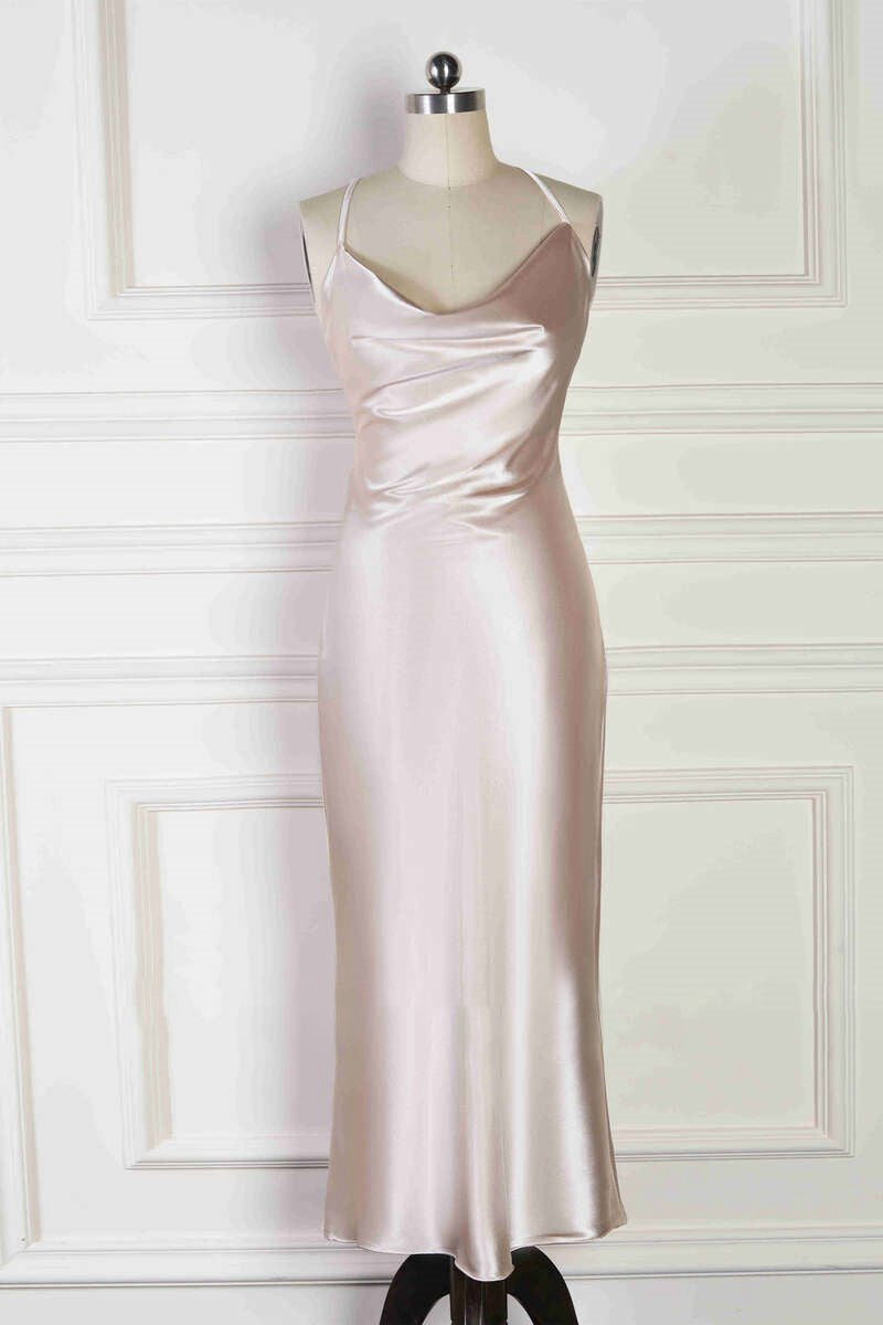 Spaghetti Straps Cowl Neck Tea-Length Sheath Bridesmaid Dresses
